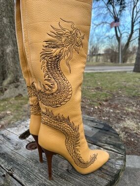 Vintage Roberto Cavalli Dragon Stiletto Boots 40 9.5 Runway 2003 Leather Knee
